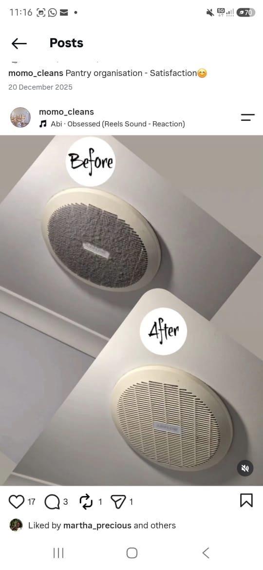 Before and after views of a ventilation cover, showing dust build-up removed from its grille