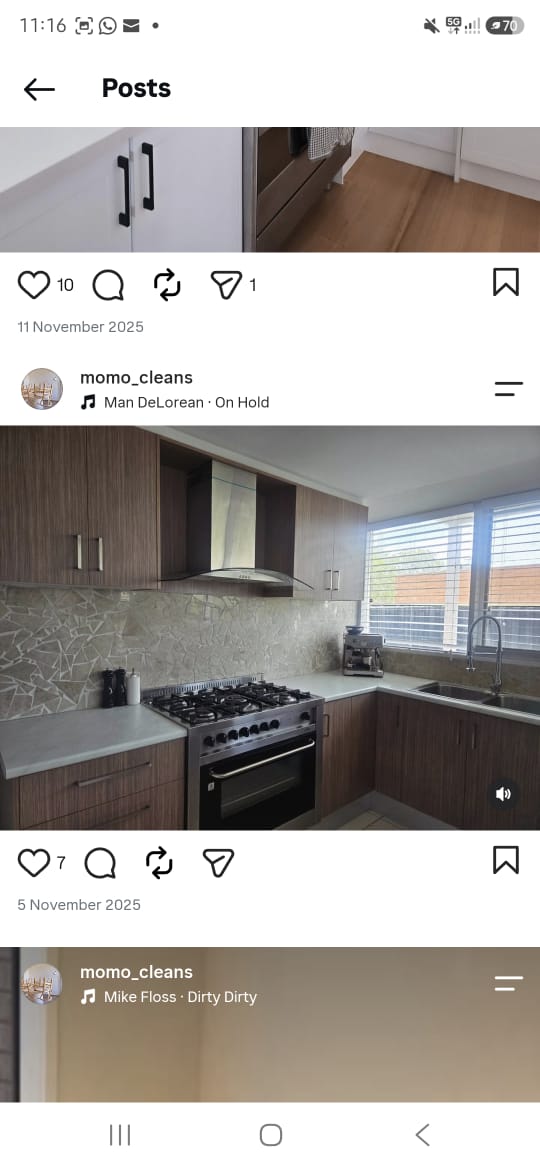 MOMO Cleans kitchen refresh, showing timber cupboards, benchtops, a stovetop and a sink